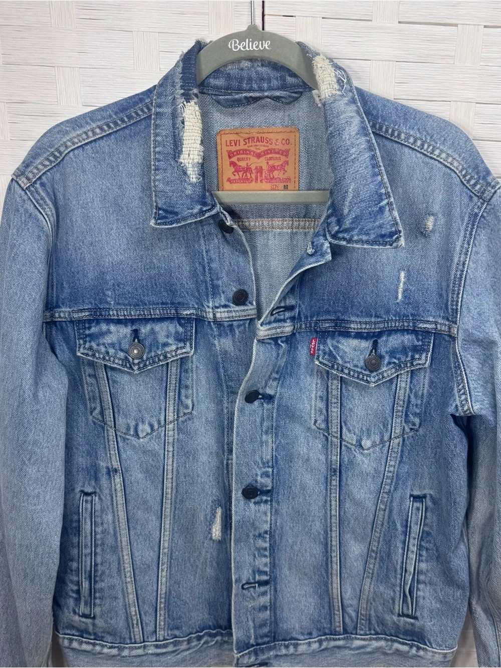 Levi’s Trucker Jean Jacket Upcycled, Distressed, Grunge Size Medium